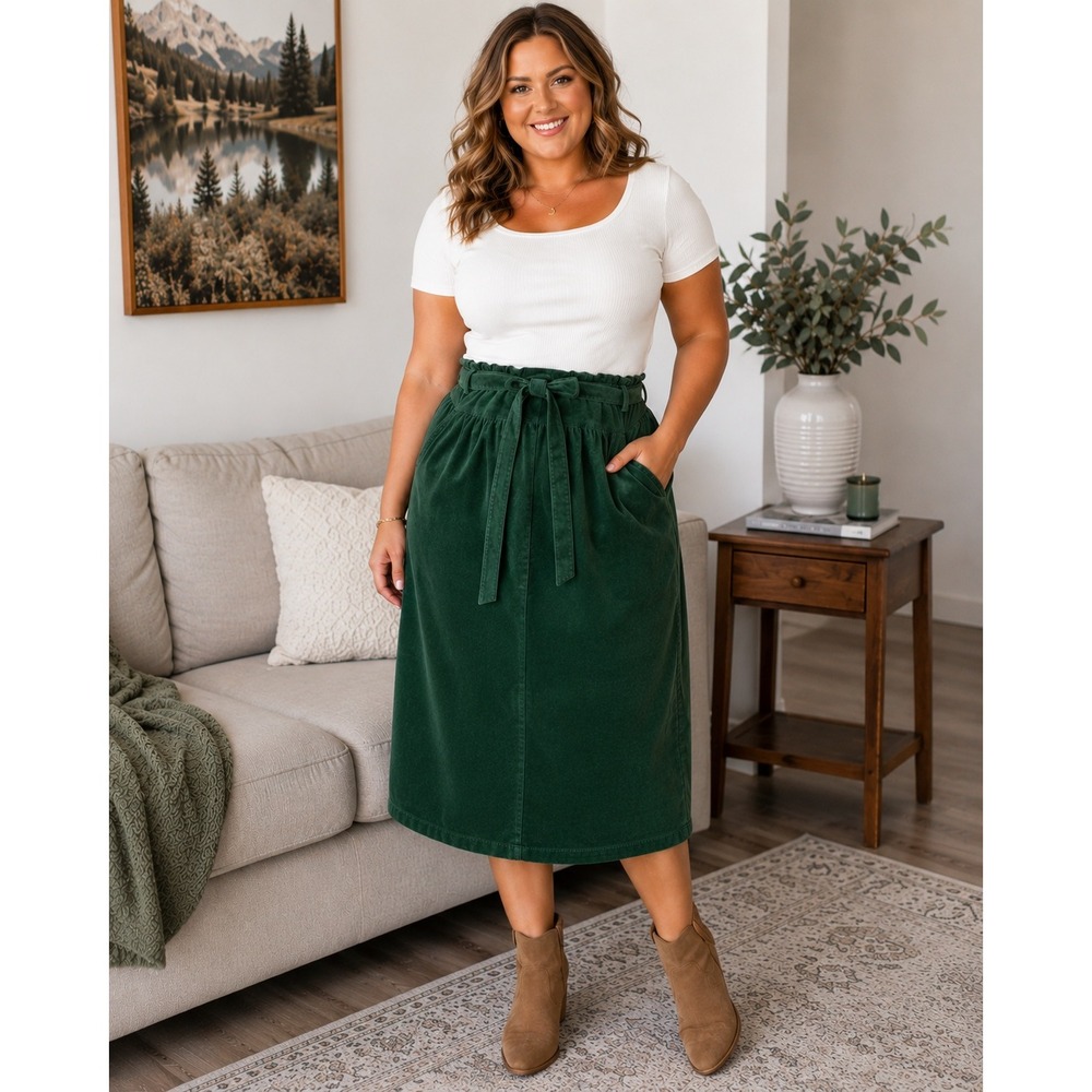 Draper James Women Corduroy Paperbag Waist Midi Skirt S Green Tie Belt New
